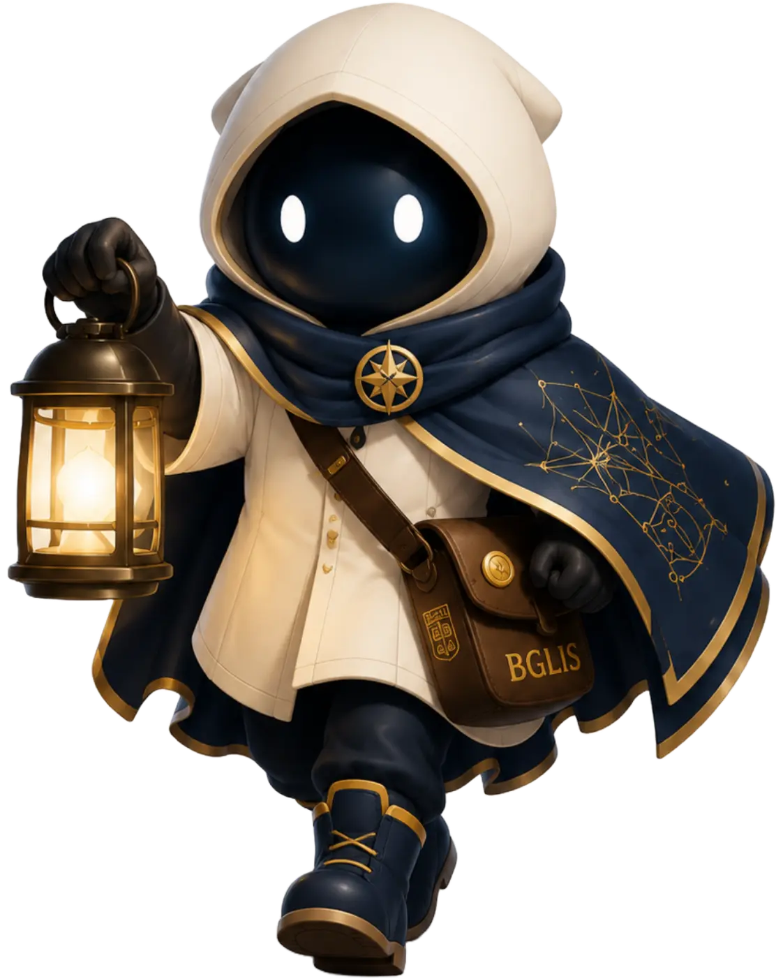 Lumi mid-stride, lantern held out, setting off on a journey.