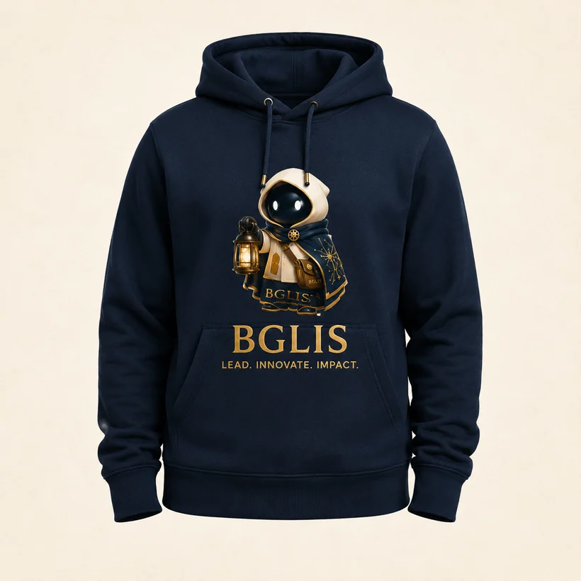 Navy BGLIS hoodie with Lumi and the words Lead, Innovate, Impact