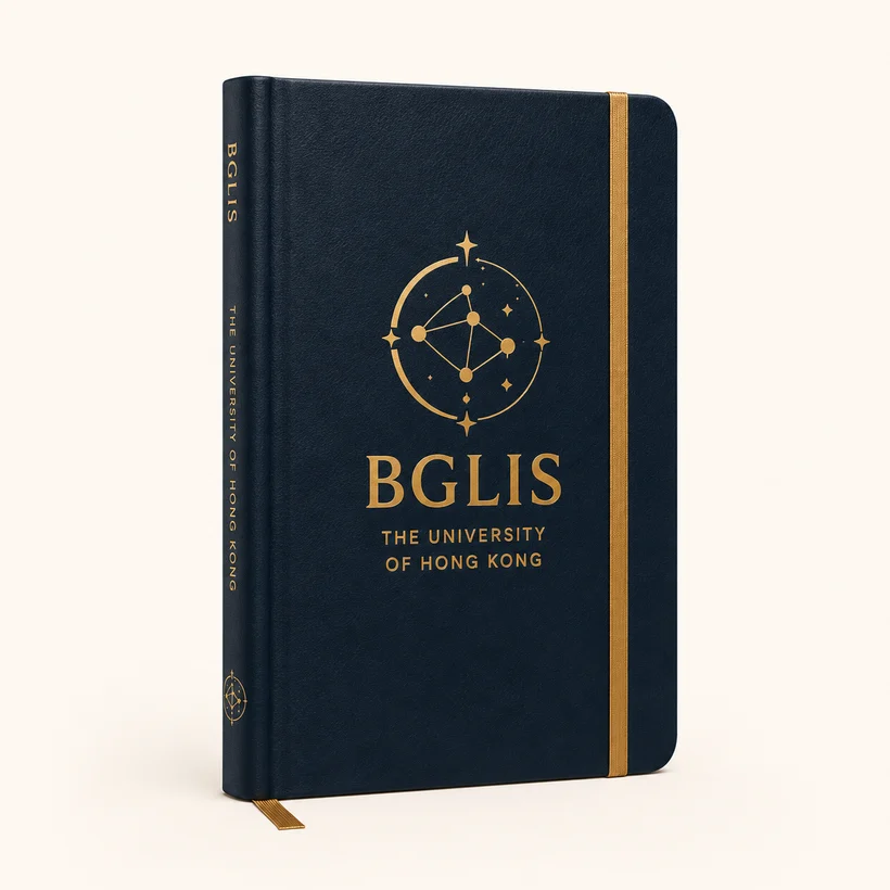 Navy notebook with gold BGLIS mark and elastic band